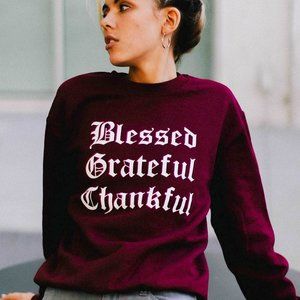 Current Mood Blessed Grateful Thankful Sweatshirt Burgundy White Unisex Lrg New